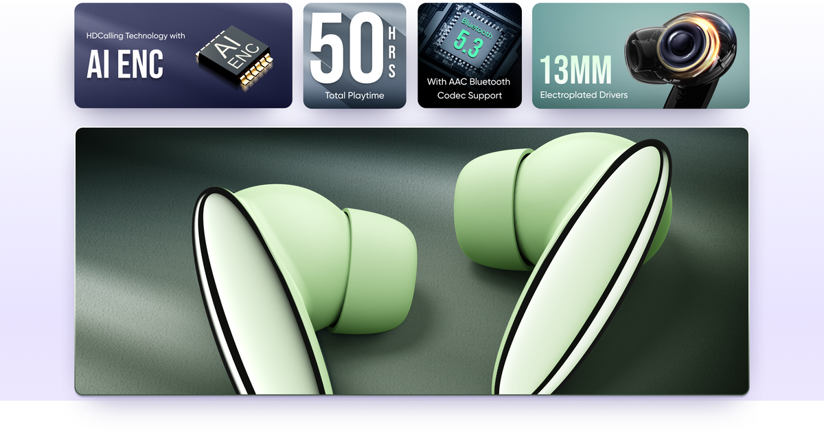 HDCalling Technology with AI ENC , 50 hrs Total Playtime , With AAC Bluetooth Codec Support , 13mm Electroplated Drivers